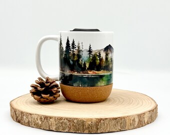 Rustic Mountain Ceramic Travel Mug – 12oz Cork Bottom Cup with Lid and Slide Closure