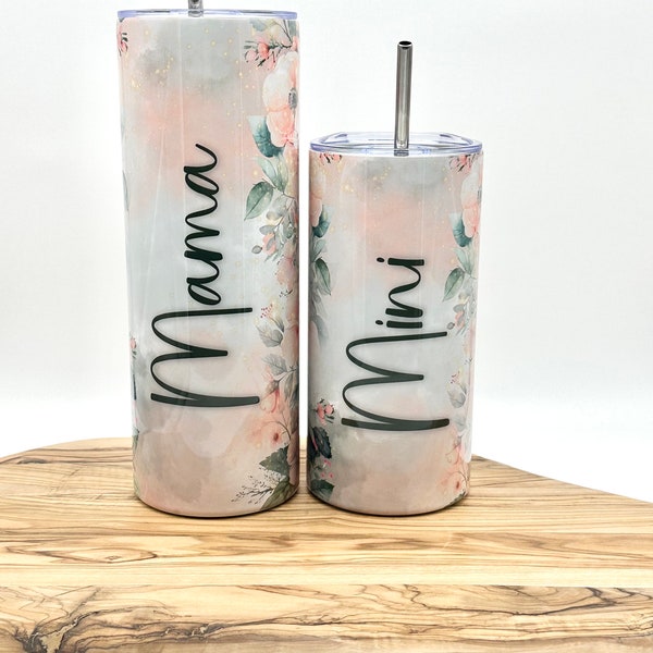 Matching Mama and Mini Tumblers, 20oz/15oz Stainless Steel Tumblers with Lid and Straw, Mommy and Me Cups, Floral Drinkware, Insulated