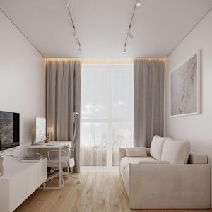 May include: A modern living space with a light color palette. Features include a white desk with a computer, a beige sofa, and light gray curtains. The room has hardwood floors and a large window overlooking a natural landscape.