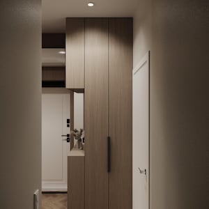 May include: A hallway featuring a built-in wooden cabinet and a white door. The cabinet has a light wood grain finish with a dark handle. A small shelf displays a vase with dried flowers. The floor has a herringbone pattern.