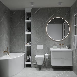 May include: A modern bathroom with gray marble-effect tile walls and flooring. Features include a white bathtub, a wall-mounted toilet, a vanity with a round mirror, and a tall, narrow storage unit. Gold-toned fixtures add a touch of elegance.