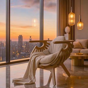 Puede incluir: Una moderna silla de madera con un diseño único de respaldo abierto, con un cojín color crema y una manta a juego. La silla está situada cerca de una gran ventana con vistas a un paisaje urbano al atardecer. Dos lámparas colgantes cuelgan del techo.