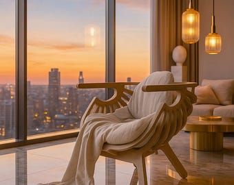 Sillón de madera de diseño lujoso, sillón moderno de relax, mobiliario de interior premium, decoración minimalista japonesa, descarga digital