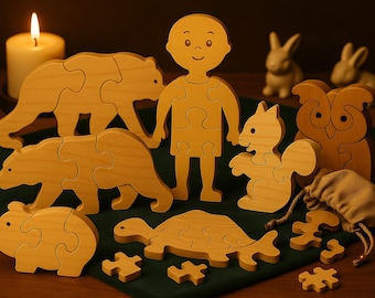 Juego de rompecabezas de madera de lujo de 9 animales, juguetes Montessori hechos a mano, regalo educativo, rompecabezas de animales, rompecabezas cortado con láser, archivos digitales