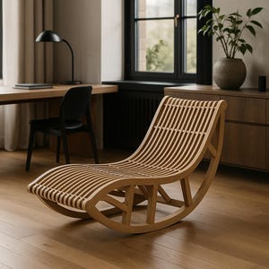Może przedstawiać: Jasny drewniany fotel bujany z zakrzywionym, listwowym siedziskiem i oparciem. Krzesło ma nowoczesny design i jest osadzone na zakrzywionych płozach. Krzesło znajduje się w pokoju z drewnianą podłogą.