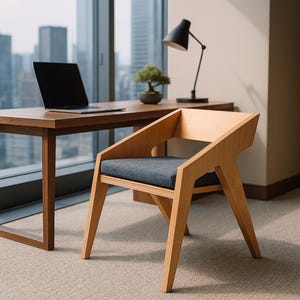 Peut inclure: Une chaise en bois moderne avec un design géométrique et un coussin gris. La chaise est devant un bureau avec un ordinateur portable, un petit bonsaï et une lampe de bureau noire. La pièce a une grande fenêtre avec vue sur la ville.