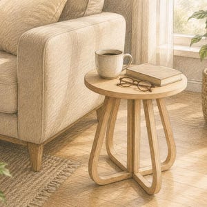 Puede incluir: Una mesa auxiliar redonda de madera clara con cuatro patas curvas que se unen en una base central. Sobre la mesa hay una taza de cerámica moteada, un libro rectangular cerrado y unas gafas de montura fina con marcos oscuros.