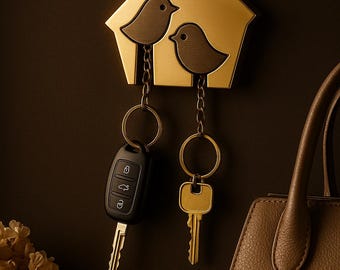 Llavero de madera de lujo con forma de pájaro: decoración de pared, elegante llavero con forma de agapornis, regalo escandinavo para el hogar, organizador moderno para la entrada, descarga digital