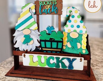 Hand-painted Lucky Clovers St. Patrick's Day Wooden Interchangeable Shelf Sitter Inserts - Laser-cut, Perfect for Festive Home Decor!