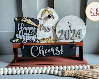 Wooden Laser Cut Hand-Painted New Year's Interchangeable Shelf Sitter Insert Set - Midnight Kisses, Cheers, and More! (Insert Only)