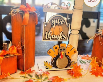 Give Thanks Turkey Insert - Hand Painted, Laser Cut, Interchangeable Signpost - Thanksgiving Decor (insert only)
