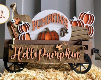 Hello Pumpkin Fall Themed Wooden Laser Cut and Hand Painted Wagon & Raised Shelf Sitter Seasonal Insert (insert only)