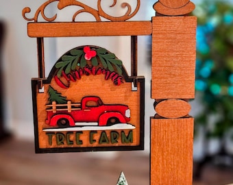 Tree Farm Red Truck Christmas Wooden Laser Cut Hand Painted Mini Signpost Door Insert (Insert Only)