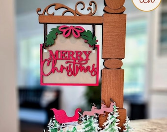 Hand-Painted Wooden Laser Cut Merry Christmas Mini Signpost Insert - Interchangeable Holiday Decor (Insert Only)