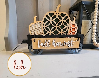 Fall Harvest Wooden Laser Cut & Hand Painted Wagon and Raised Shelf Sitter Seasonal Insert (insert only)