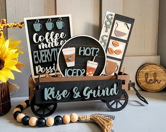 Hand-Painted Wooden Laser-Cut 'Rise & Grind' Coffee Themed Interchangeable Shelf Sitter Insert - Rustic Home Decor Accent (Insert Only)