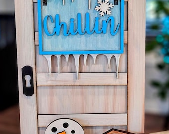 Snowman Chillin' Winter Wooden Laser Cut Hand Painted Mini Interchangeable Signpost Door Insert (Insert Only)