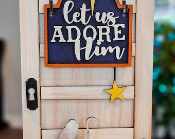 Let Us Adore Him Christmas Manger Wooden Laser Cut Hand Painted Mini Signpost Door Insert (Insert Only)