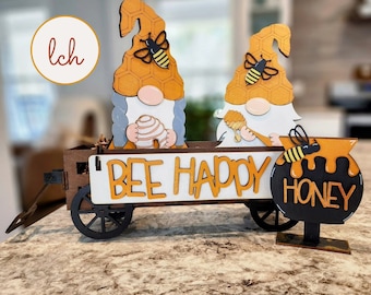 Hand-painted Bee Happy Honey Gnomes Wooden Interchangeable Shelf Inserts - Add Whimsy to Your Shelves! (Inserts Only)