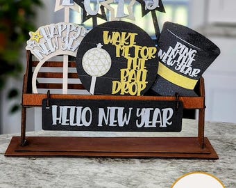 Hello New Year Wooden Laser Cut Hand Painted Interchangeable Shelf Sitter Insert - Festive Home Decor (Inserts Only)