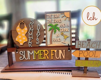 Summer Fun Beach-Themed Hand-Painted Wooden Laser-Cut Interchangeable Shelf Sitter Insert