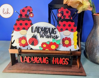 Hand-Painted Summer-Themed Ladybug Hugs - Wooden Laser-Cut Interchangeable Shelf Sitter Insert (Insert Only)