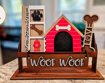 Customizable Woof Woof Dog Themed Wooden Laser Cut Hand Painted Interchangeable Shelf Sitter Insert - Inserts Only