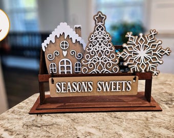 Seasons Sweets Christmas Sugar Cookie Wooden Laser Cut Hand Painted Interchangeable Shelf Sitter Insert - Festive Holiday Decor