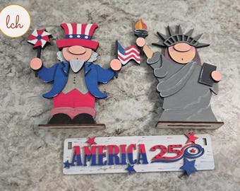 Uncle Sam & Statue of Liberty Gnome Insert for Wooden Wagon and Raised Shelf Sitter • America 250th Birthday Decor (insert only)