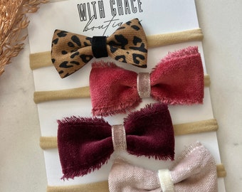 Baby headband bow set; Nylon baby headbands; kids velvet headband bows; Fall hair bows; toddler bows; Boho fringe bows