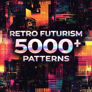 May include: A digital art image with a retro futurism theme. The image features the text "RETRO FUTURISM" above the number "5000+" and the word "PATTERNS". The background is a colorful, abstract cityscape with neon colors.