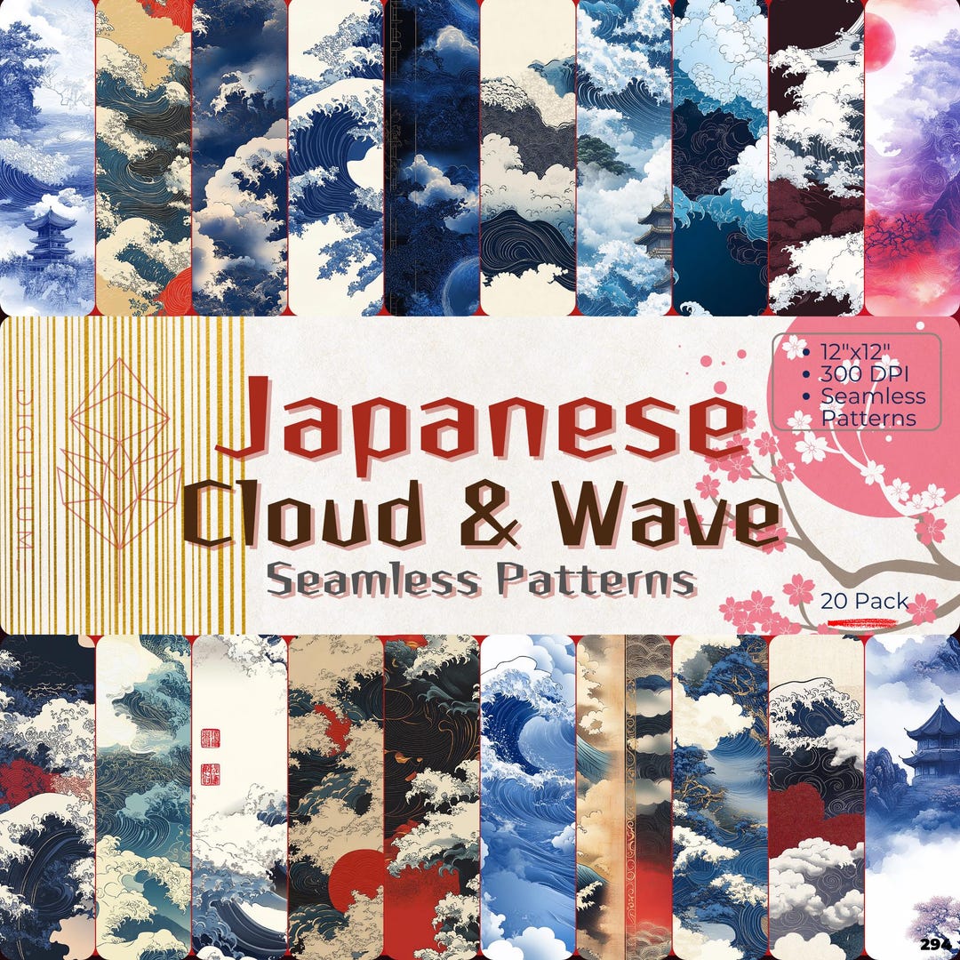 Japanese Wave & Cloud Seamless Pattern Set – Traditional Art (digital ...