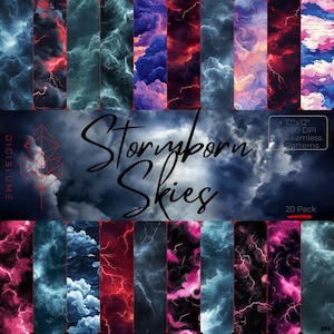Puede incluir: Una colección de patrones digitales sin costuras que representan cielos tormentosos con relámpagos y nubes en varios colores. La imagen incluye el texto "Stormborn Skies" y "12"x12" 300 DPI Seamless Patterns". El paquete contiene 20 patrones.