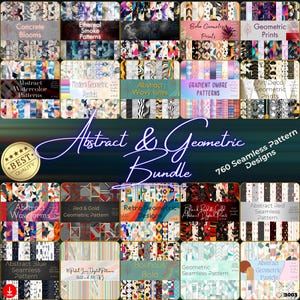 May include: A collection of digital seamless patterns in various styles, including floral, geometric, and abstract designs. The image features a variety of color palettes and design themes, with text that reads "Abstract & Geometric Bundle" and "760 Seamless Pattern Designs."