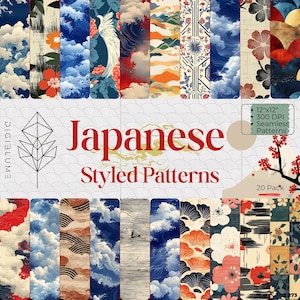 May include: A collection of 20 Japanese-styled seamless patterns, each 12"x12" at 300 DPI. The patterns feature traditional motifs like waves, clouds, flowers, and birds in a variety of colors, including blue, red, and orange.