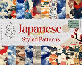 May include: A collection of 20 Japanese-styled seamless patterns, each 12"x12" at 300 DPI. The patterns feature traditional motifs like waves, clouds, flowers, and birds in a variety of colors, including blue, red, and orange.