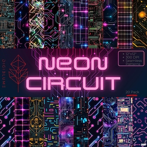 Op de afbeelding: Een verzameling van 20 digitale naadloze patronen met een neon circuit ontwerp. De patronen bevatten levendige kleuren zoals roze, blauw en groen, met een donkere achtergrond. De tekst "Neon Circuit" wordt weergegeven in roze neonletters. Elk patroon is 30,48 cm x 30,48 cm en 300 DPI.