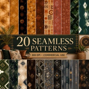 May include: A digital collection of 20 seamless patterns featuring geometric, tribal, and abstract motifs in shades of brown, black, green, and cream. The text 20 SEAMLESS PATTERNS 300 DPI COMMERCIAL USE is displayed in the center of the image.
