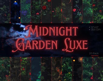 May include: A collection of 20 seamless patterns with a dark floral theme. The patterns feature various flowers and foliage in shades of green, red, and orange. The title "Midnight Garden Luxe" is displayed in red script. The patterns are 12"x12" at 300 DPI.