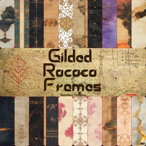 以下が含まれることがあります： 20種類のシームレスパターンを集めたもので、それぞれユニークなデザインです。パターンは、さまざまなテクスチャ、色、装飾的なディテールを持つ垂直の長方形として表示されます。「Gilded Rococo Frames」というテキストが茶色で表示されています。