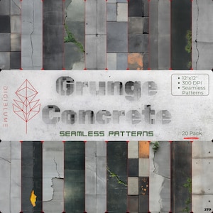 May include: A digital product showcasing a collection of grunge concrete seamless patterns. The image displays various textures of weathered concrete, with cracks and patches of green vegetation. Text reads "Grunge Concrete Seamless Patterns" and "12"x12" 300 DPI".