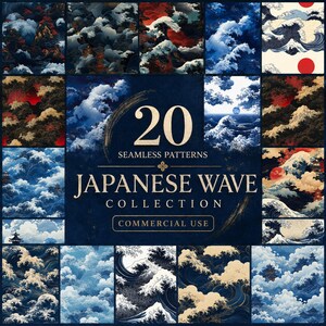 May include: A collection of 20 seamless patterns featuring Japanese wave designs. The patterns showcase various scenes with waves, clouds, and mountains in shades of blue, red, and white. The text "Japanese Wave Collection" is displayed prominently.