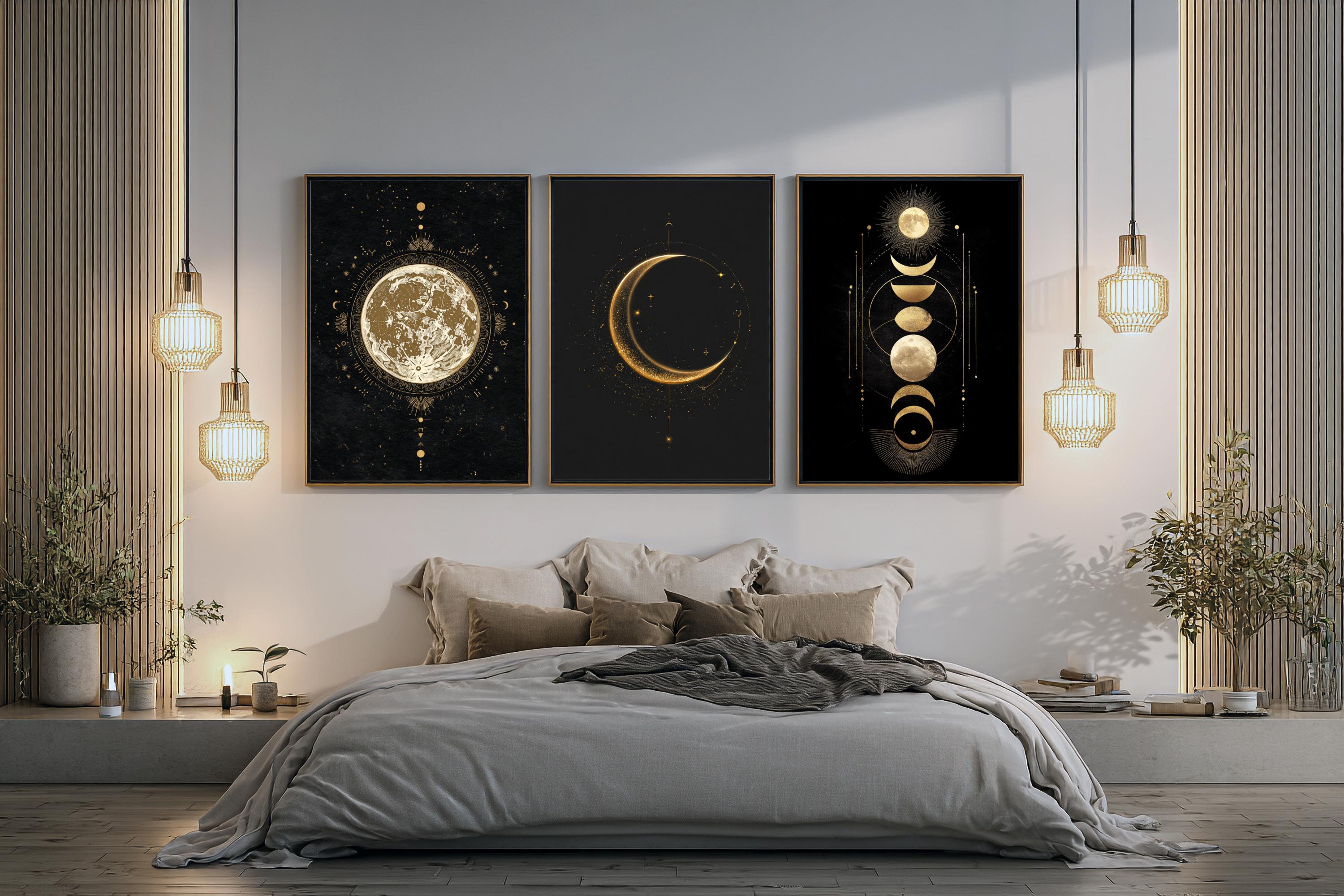 Moon Phase Wall Art Set: Black and Gold Celestial Prints (digital ...