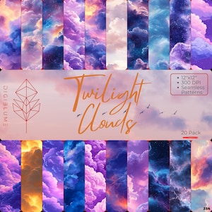 May include: A collection of digital art featuring various cloud formations in shades of purple, blue, and orange. The text "Twilight Clouds" is displayed in an elegant script, along with details about the size and resolution.