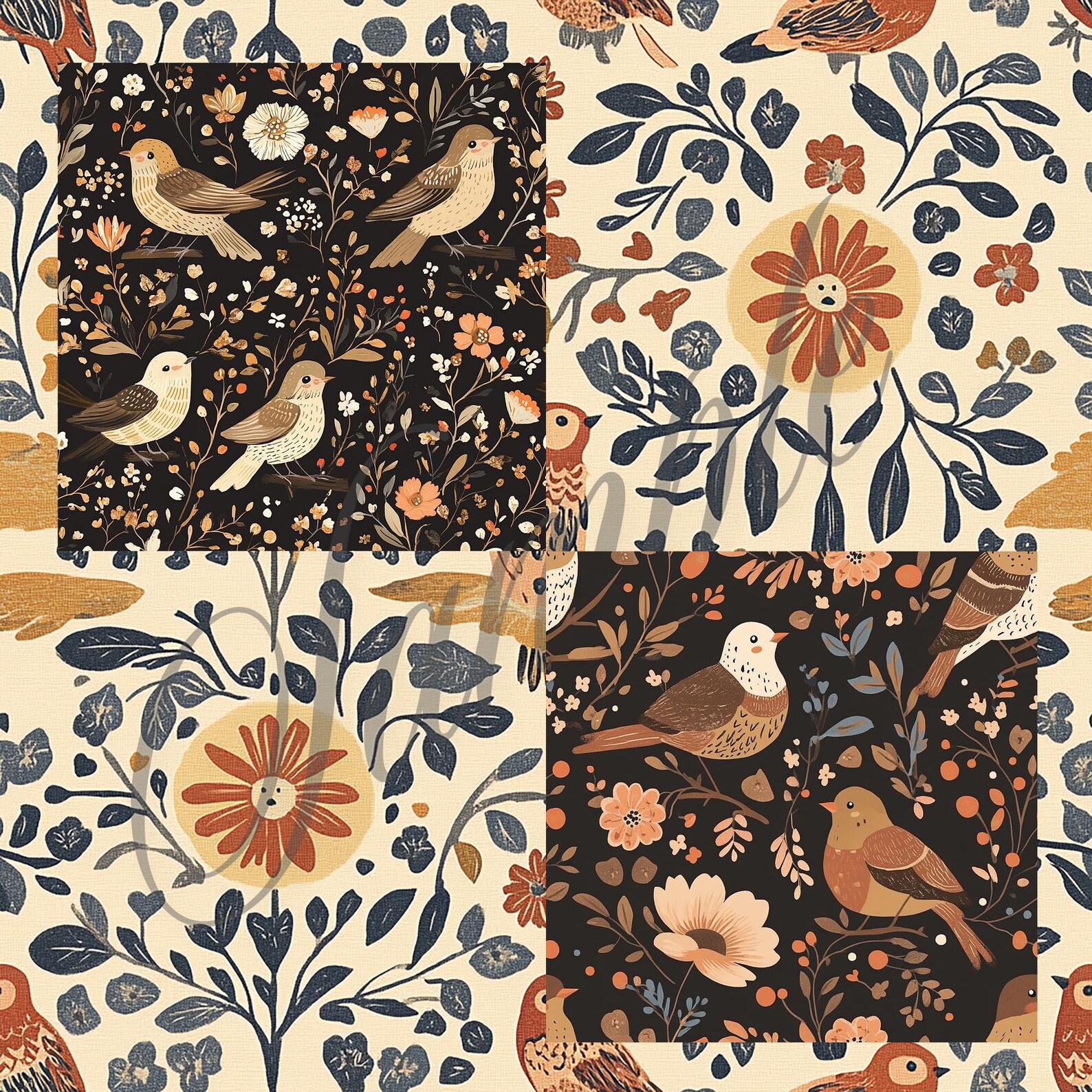 Folk Art Birds Floral Seamless Pattern for Fabric and Crafts - Etsy