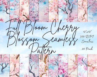May include: A digital paper pack with 20 seamless patterns featuring watercolor cherry blossoms in shades of pink, white, and blue. The patterns are 12 inches by 12 inches and 300 DPI.