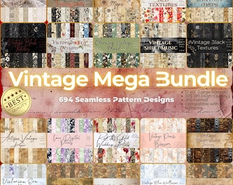 May include: A collection of vintage-themed digital papers and patterns. The image showcases various designs, including floral, map, and steampunk styles. The text reads "Vintage Mega Bundle" with "694 Seamless Pattern Designs."