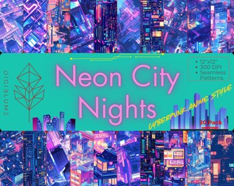 Cyberpunk Anime Seamless Pattern: Neon City Nights (20 JPEG, 12x12, 300 DPI)