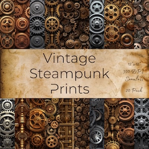May include: A set of 20 vintage steampunk digital paper prints, each 12 inches by 12 inches and 300 DPI. The prints feature seamless patterns of gears, cogs, and other industrial elements in shades of brown, gold, and silver.