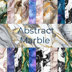 Op de afbeelding: 20 abstracte marmer naadloze patronen in verschillende kleuren, waaronder wit, zwart, groen, blauw en goud. Elk patroon is 12x12 inch en 300 DPI.